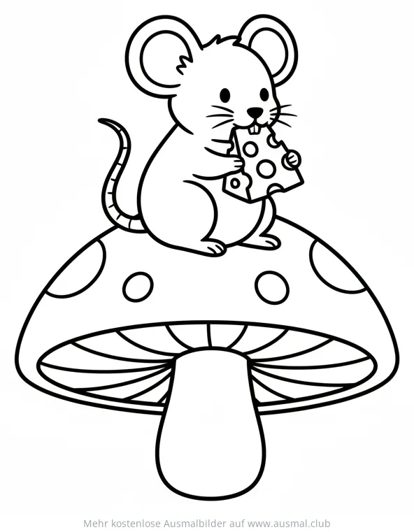 Maus sitzt auf Pilz und isst Käse Ausmalbild
