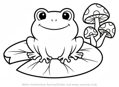 Frosch sitzt auf Seerosenblatt neben Pilzen Ausmalbild