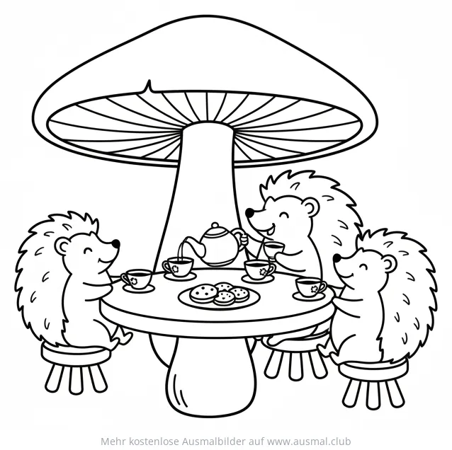 Igel halten Teeparty unter Pilz Ausmalbild