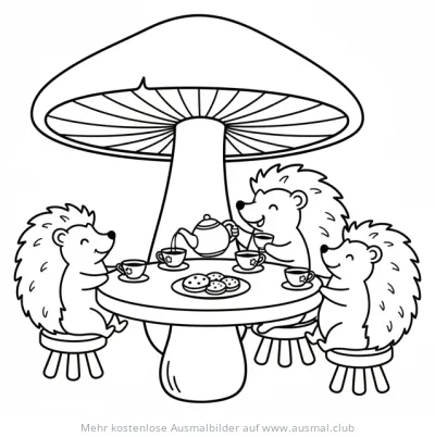 Igel halten Teeparty unter Pilz Ausmalbild