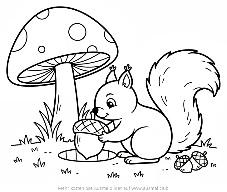 Eichhörnchen mit Nuss unter Pilz Ausmalbild