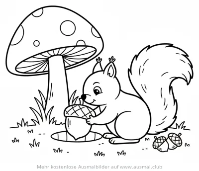Eichhörnchen mit Nuss unter Pilz Ausmalbild