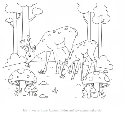 Hirsch und Reh Familie Ausmalbild im Wald mit Pilzen
