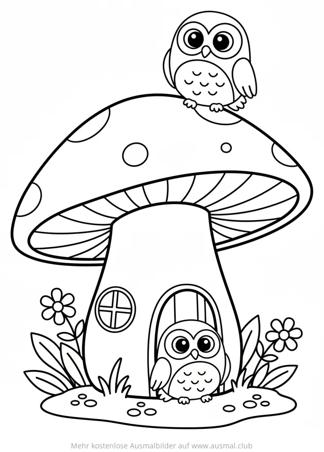 Eulenhaus Ausmalbild mit zwei niedlichen Eulen