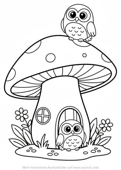 Eulenhaus Ausmalbild mit zwei niedlichen Eulen