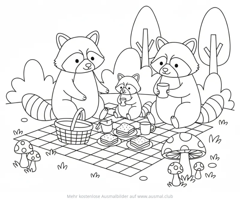 Waschbären Picknick Ausmalbild mit Pilzen