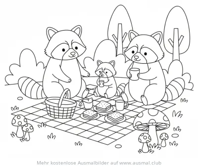 Waschbären Picknick Ausmalbild mit Pilzen