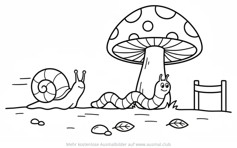 Schneckenrennen Ausmalbild mit Schnecke, Raupe und Pilz