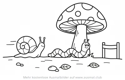 Schneckenrennen Ausmalbild mit Schnecke, Raupe und Pilz