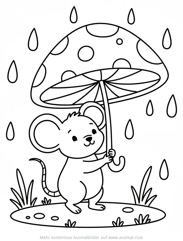 Maus mit Pilz-Regenschirm Ausmalbild