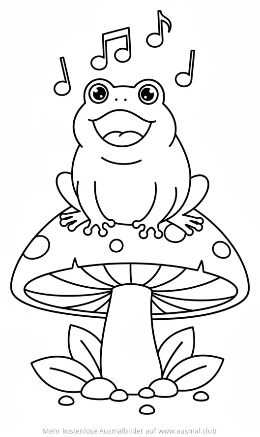 Frosch sitzt auf Fliegenpilz und singt, Ausmalbild