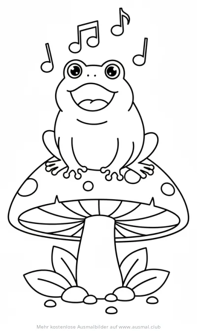 Frosch sitzt auf Fliegenpilz und singt, Ausmalbild