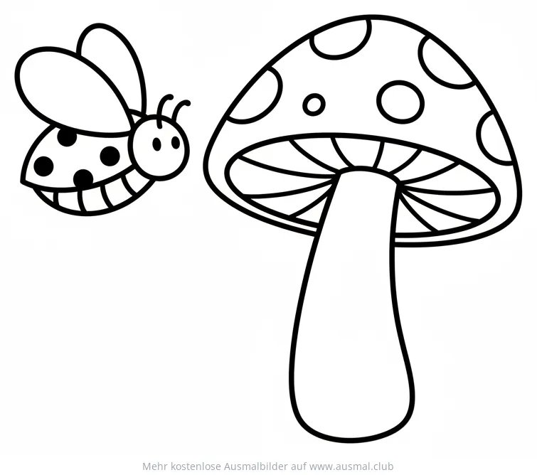 Marienkäfer fliegt neben Fliegenpilz Ausmalbild