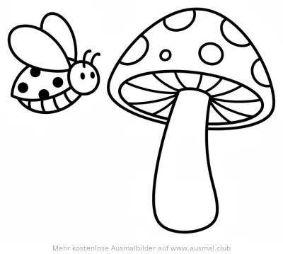 Marienkäfer fliegt neben Fliegenpilz Ausmalbild