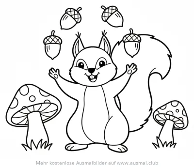 Eichhörnchen jongliert mit Eicheln, Pilze im Hintergrund Ausmalbild
