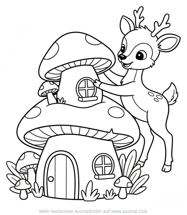 Hirsch baut an einem Pilzhaus Ausmalbild
