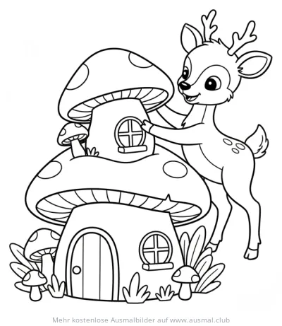 Hirsch baut an einem Pilzhaus Ausmalbild