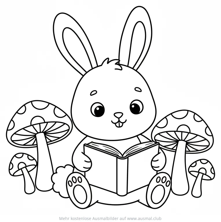 Hase liest Buch, umgeben von Pilzen Ausmalbild