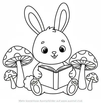 Hase liest Buch, umgeben von Pilzen Ausmalbild