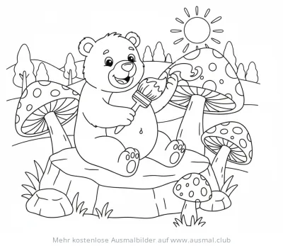 Bär malt Fliegenpilz Ausmalbild