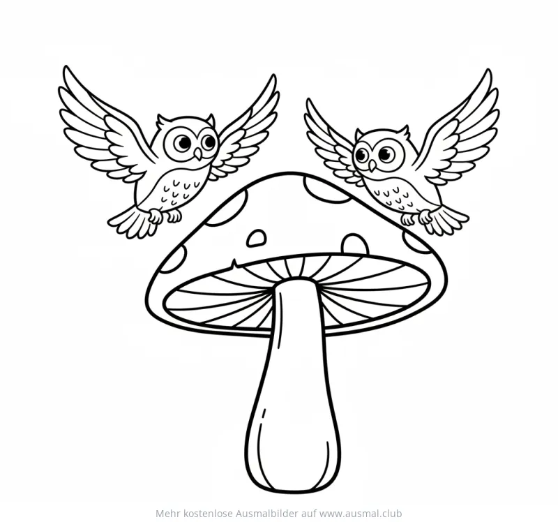 Zwei fliegende Eulen auf einem Fliegenpilz Ausmalbild