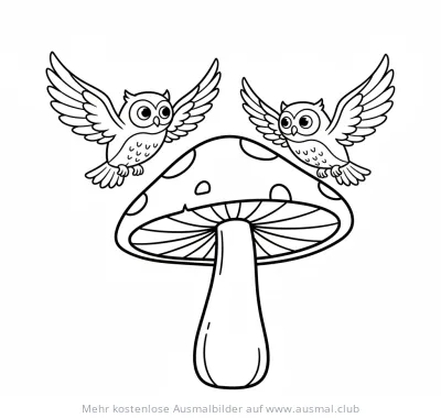 Zwei fliegende Eulen auf einem Fliegenpilz Ausmalbild