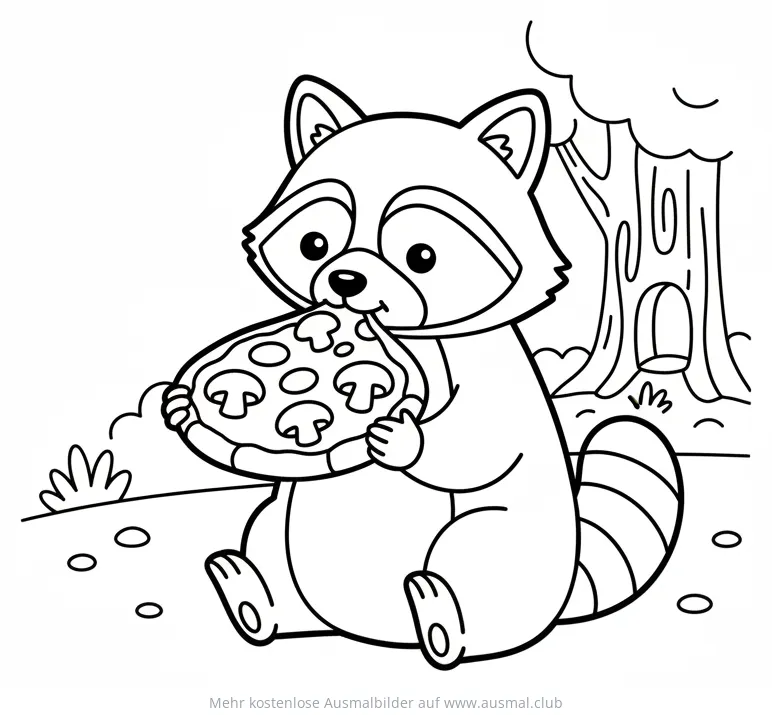 Waschbär isst Pizza Ausmalbild im Wald