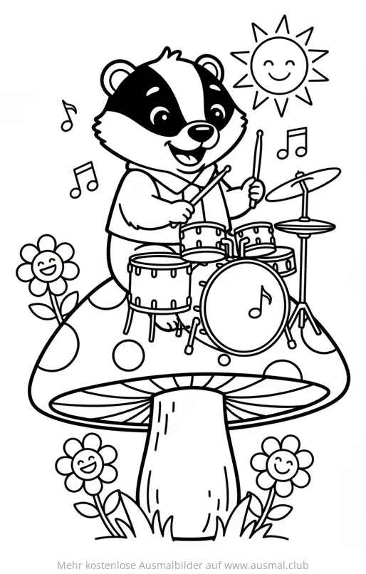 Dachs spielt Schlagzeug auf Fliegenpilz Ausmalbild