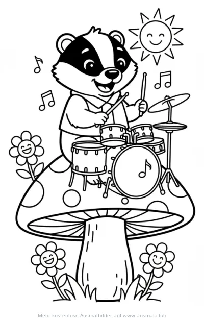 Dachs spielt Schlagzeug auf Fliegenpilz Ausmalbild