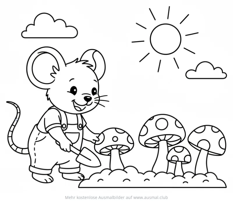 Maus als Gärtner mit Schaufel und Pilzen Ausmalbild