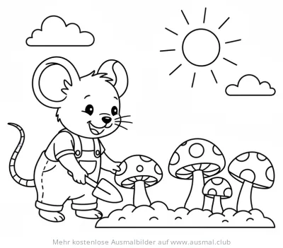 Maus als Gärtner mit Schaufel und Pilzen Ausmalbild