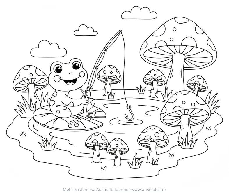 Frosch angelt im Pilz-Teich Ausmalbild