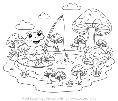 Frosch angelt im Pilz-Teich Ausmalbild