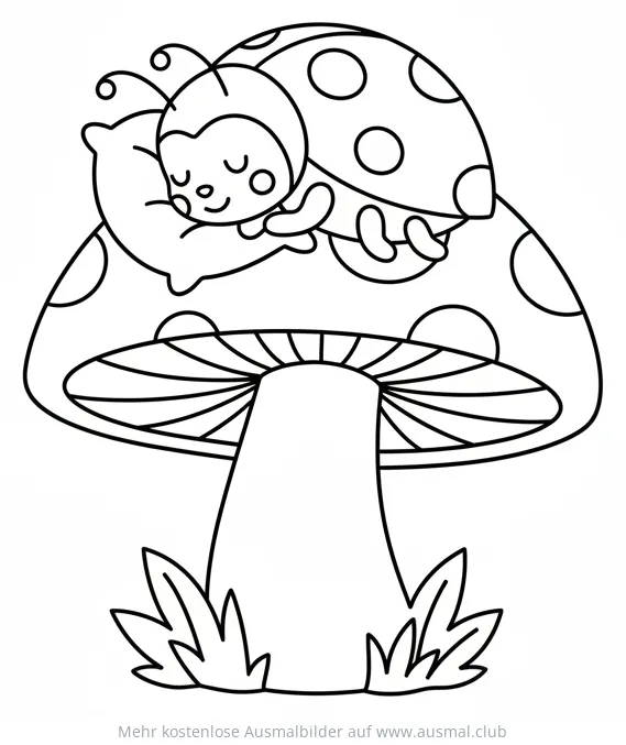 Schlafender Marienkäfer auf Kissen, auf Pilz Ausmalbild