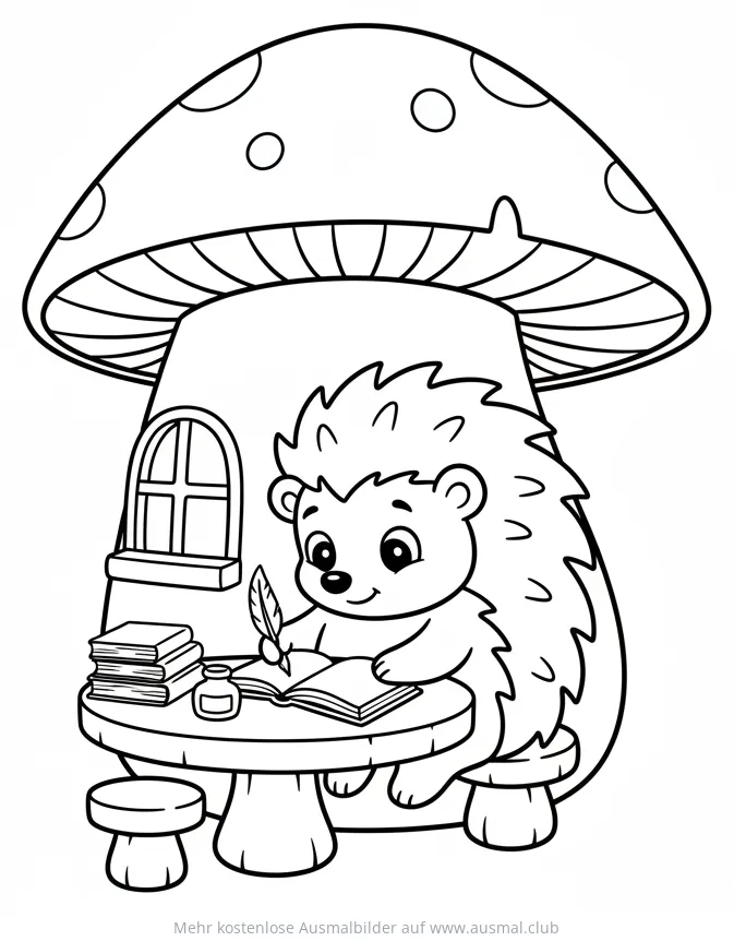 Igel schreibt Hausaufgaben im Pilzhaus Ausmalbild