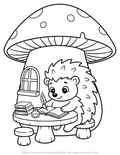 Igel schreibt Hausaufgaben im Pilzhaus Ausmalbild