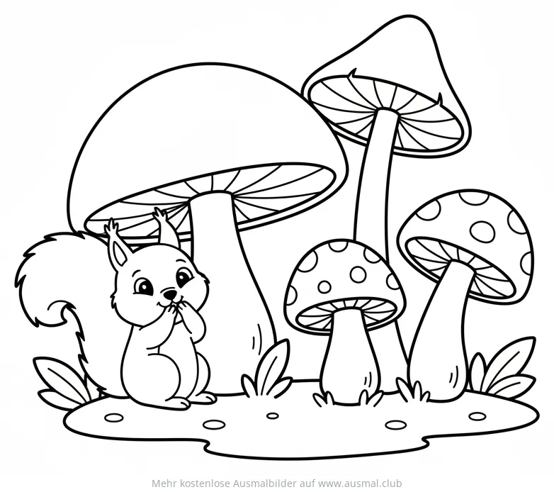 Eichhörnchen vor Pilzen Ausmalbild