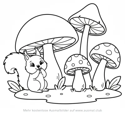 Eichhörnchen vor Pilzen Ausmalbild