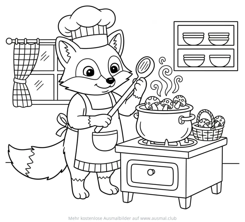 Fuchs als Koch mit Pilztopf Ausmalbild