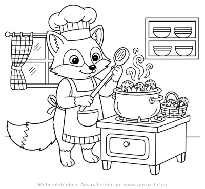 Fuchs als Koch mit Pilztopf Ausmalbild