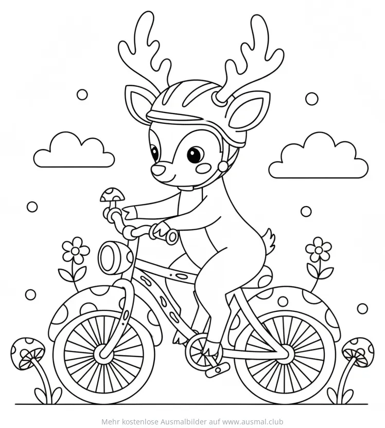 Hirsch mit Fahrradhelm auf Fahrrad Ausmalbild