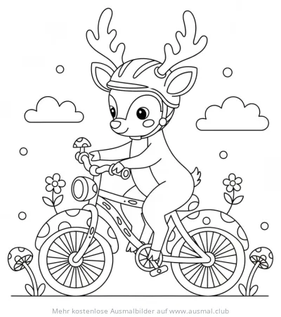 Hirsch mit Fahrradhelm auf Fahrrad Ausmalbild