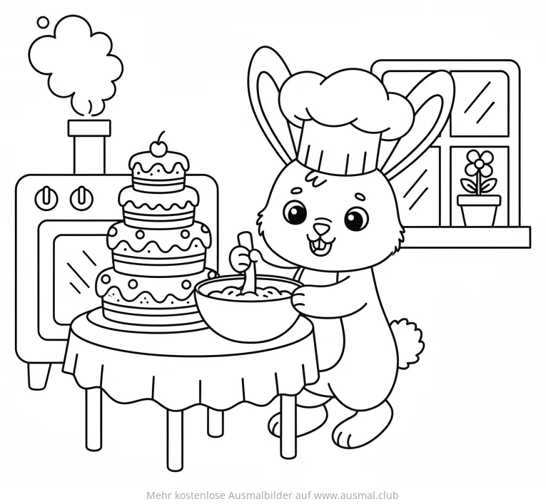 Hase mit Kochmütze backt Kuchen Ausmalbild