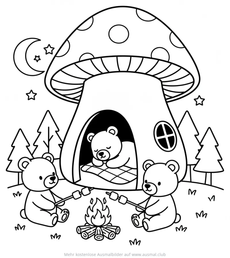 Bären Camping am Lagerfeuer vor Pilzhaus Ausmalbild