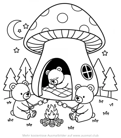 Bären Camping am Lagerfeuer vor Pilzhaus Ausmalbild