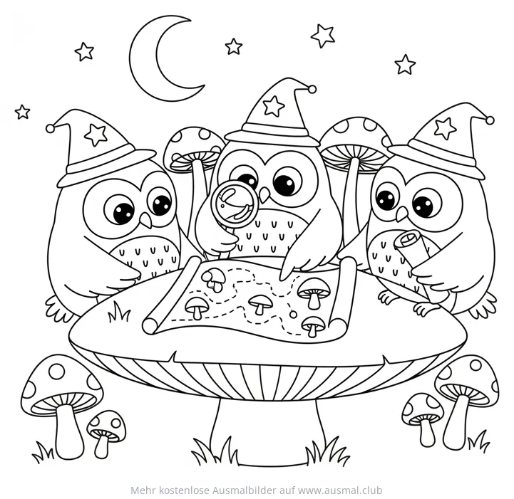 Eulen mit Zauberhüten betrachten Schatzkarte auf einem Pilz, Ausmalbild