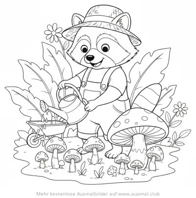 Waschbär mit Gießkanne und Schubkarre im Garten Ausmalbild