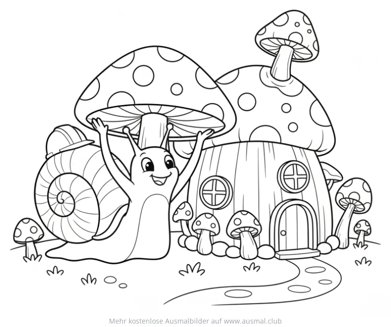 Schnecke vor Pilzhaus Ausmalbild