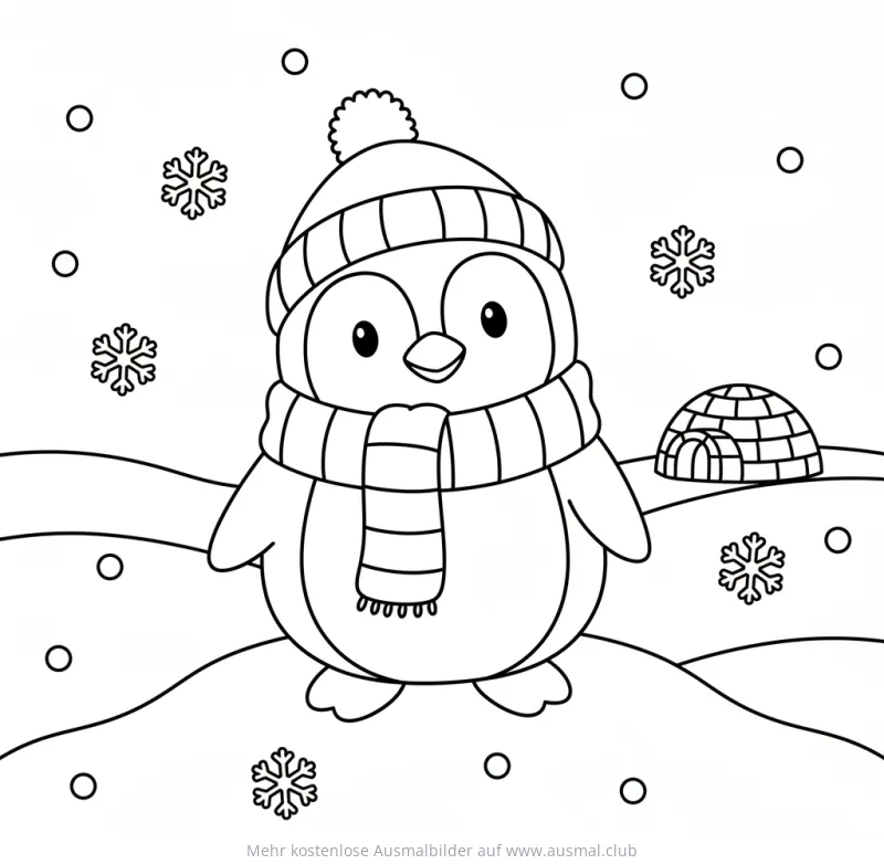 Pinguin mit Schal und Mütze vor Iglu Ausmalbild