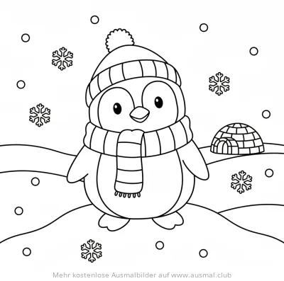 Pinguin mit Schal und Mütze vor Iglu Ausmalbild
